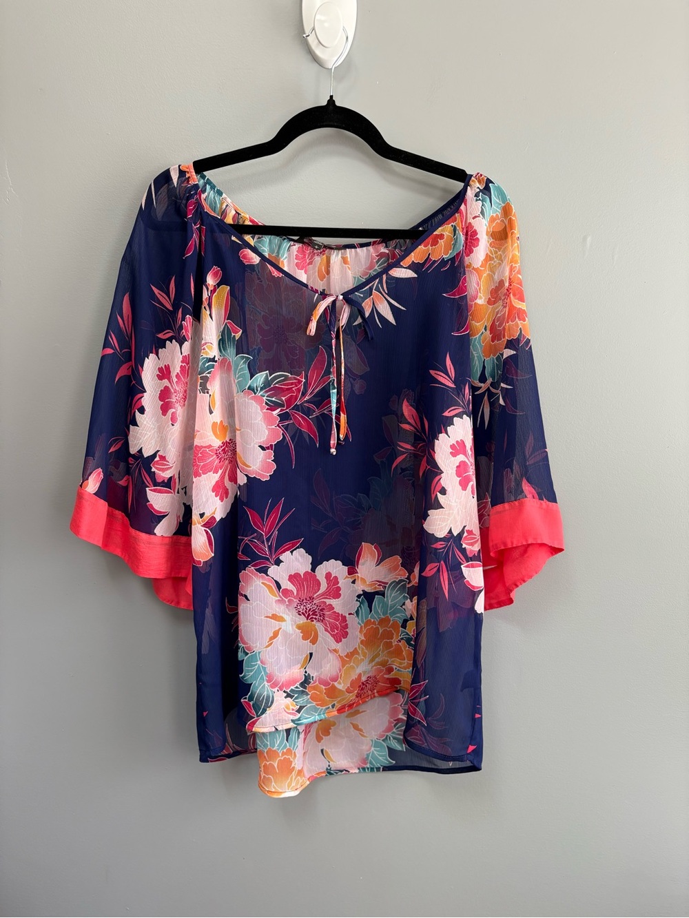Express Navy Sheer Floral Blouse Pink & Orange Accents Oversized Sleeves Size L